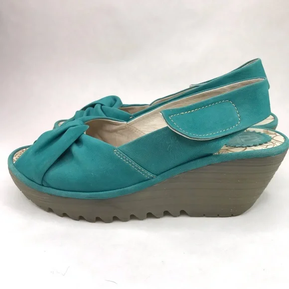 FLY LONDON Women's 39 8-8.5 Yakin Yata Knot Teal Suede Peep Toe Sling Back Wedge - Picture 3 of 10